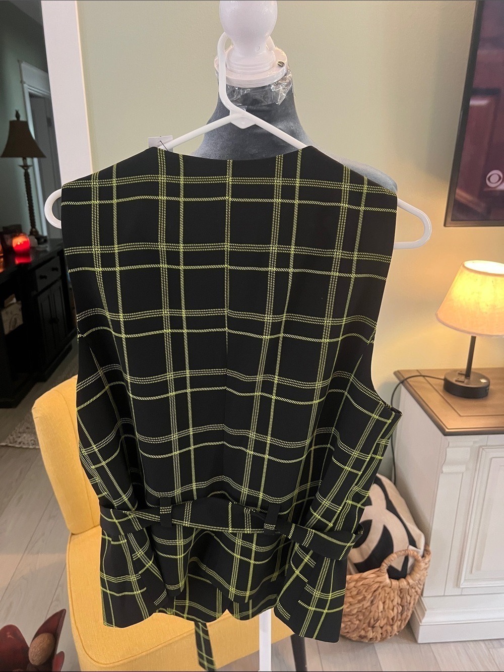 New York & Company Black Vest with Lime Green Windowpane - Picture 2 of 6